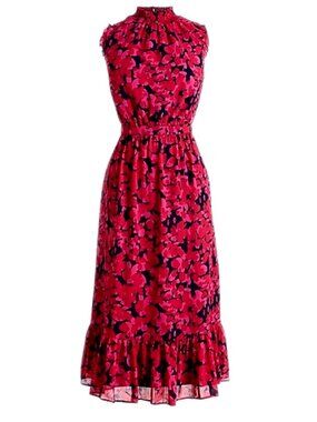 J. Crew Sleeveless Summer Dress Magenta Navy Blue smocked-neck midi dress size 6